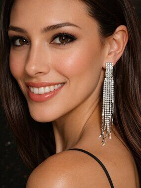 Silver Rhinestone Fringe Tassel Drop Earrings Long Statement Bridal Prom Party